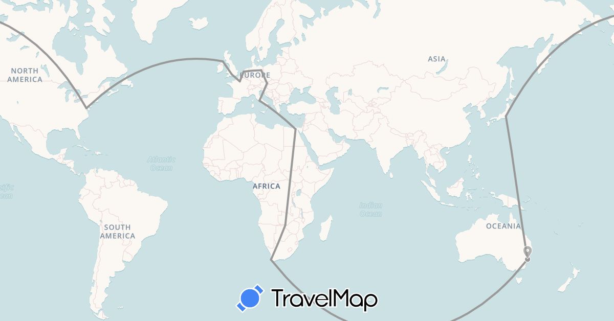 TravelMap itinerary: driving, plane in Austria, Australia, Germany, Egypt, France, United Kingdom, Italy, Japan, Netherlands, United States, South Africa, Zimbabwe (Africa, Asia, Europe, North America, Oceania)
